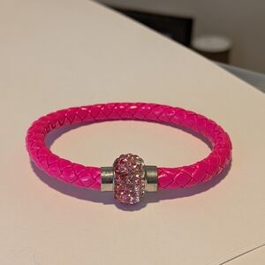 Magnetic Pink Braided Bracelet with Rhinestone Charm